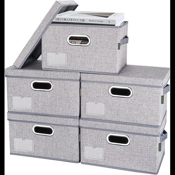 Foldable Linen Fabric Storage Boxes with Lids (5pack Gray Medium) - Picture 4 of 6